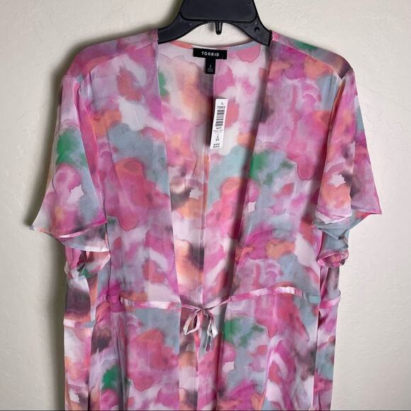 Torrid Multi Watercolor Tie-Front Duster Kimono 2X NWT - Picture 5 of 11